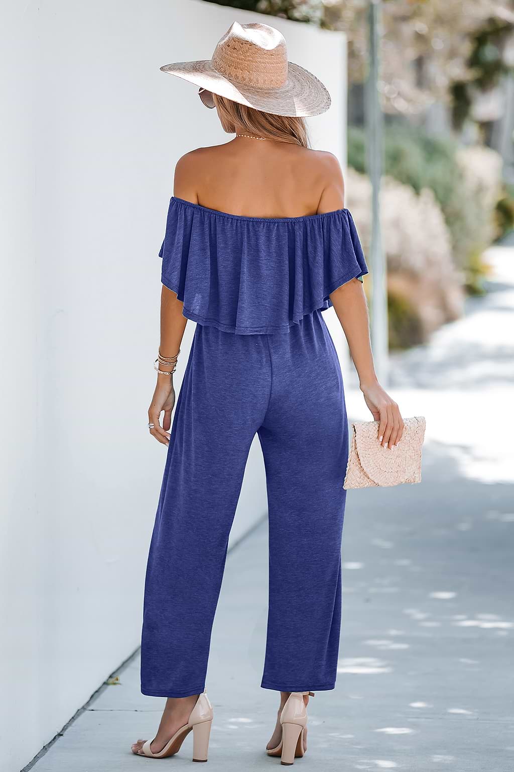 Blauer schulterfreier Jumpsuit mit geradem Bein