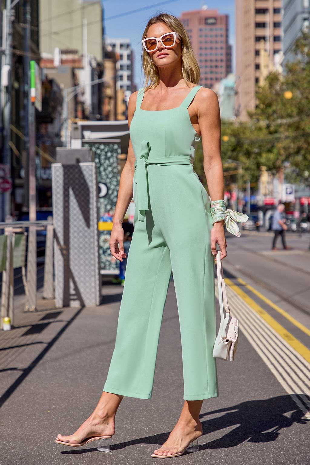 Mint Sleeveless Square Neck Straight Leg Jumpsuit