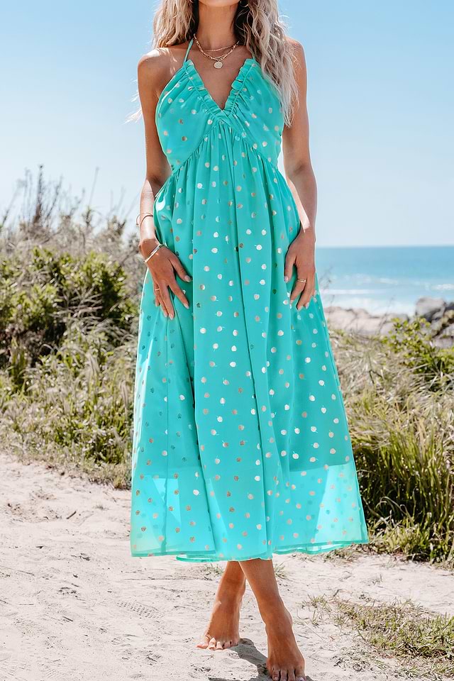 Mint Polka Dot Halterneck Midi Dress