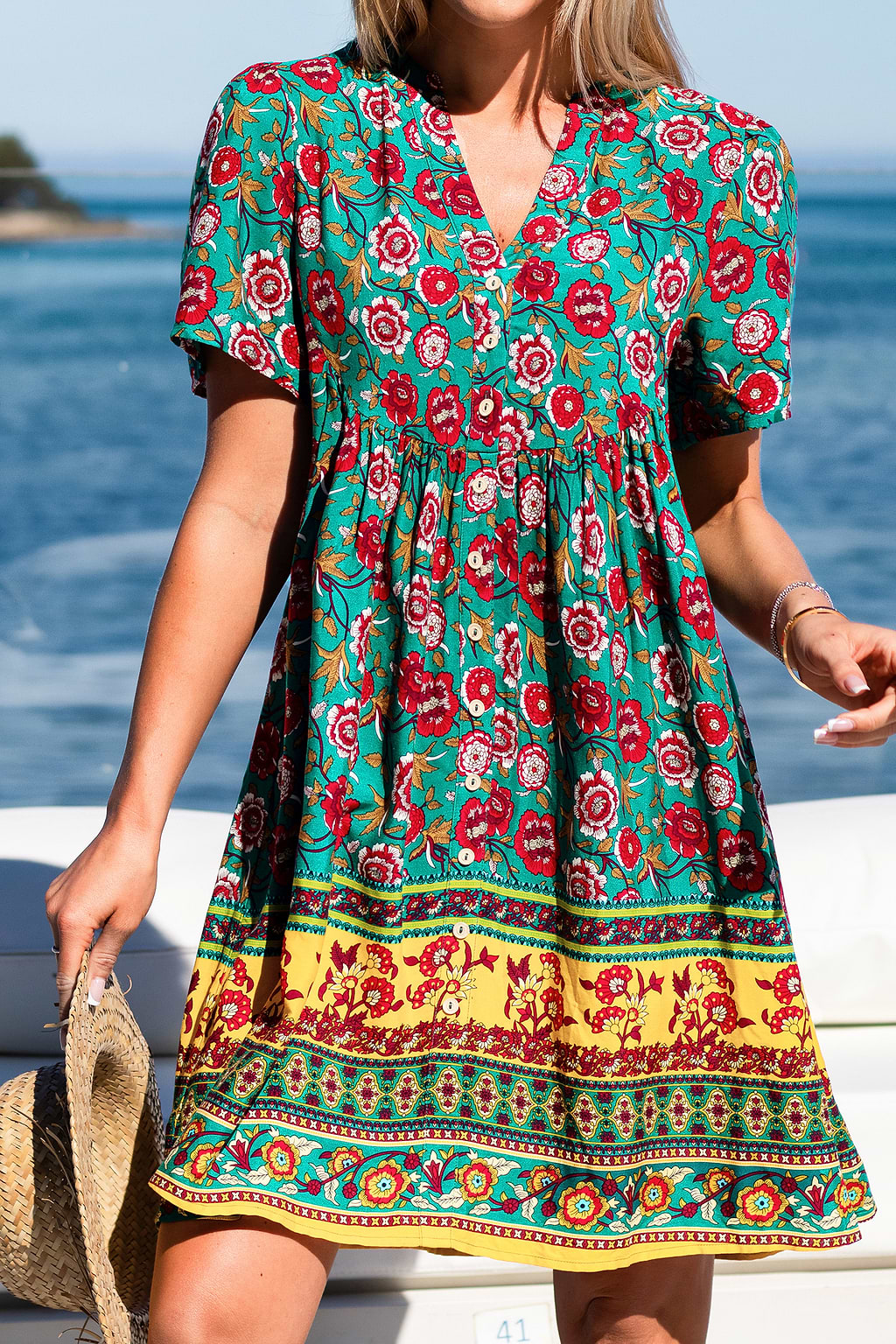 Aqua Floral V-Neck Front Button Mini Dress