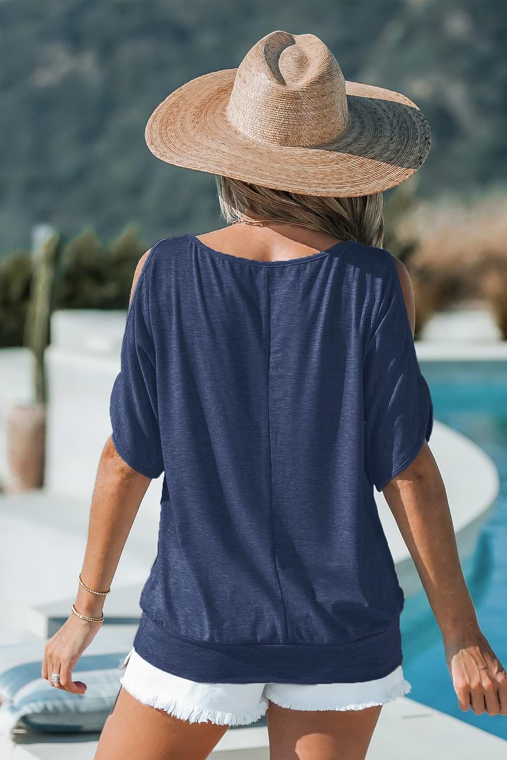 Navy Cutout Shoulder Jersey Top