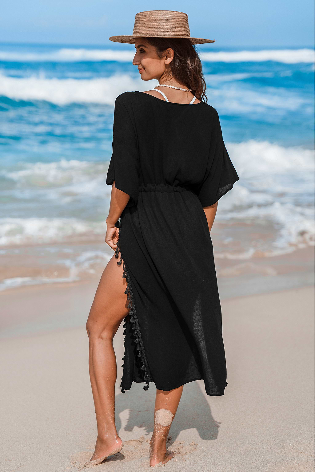 Schwarzes Cover-Up-Kleid mit Quasten