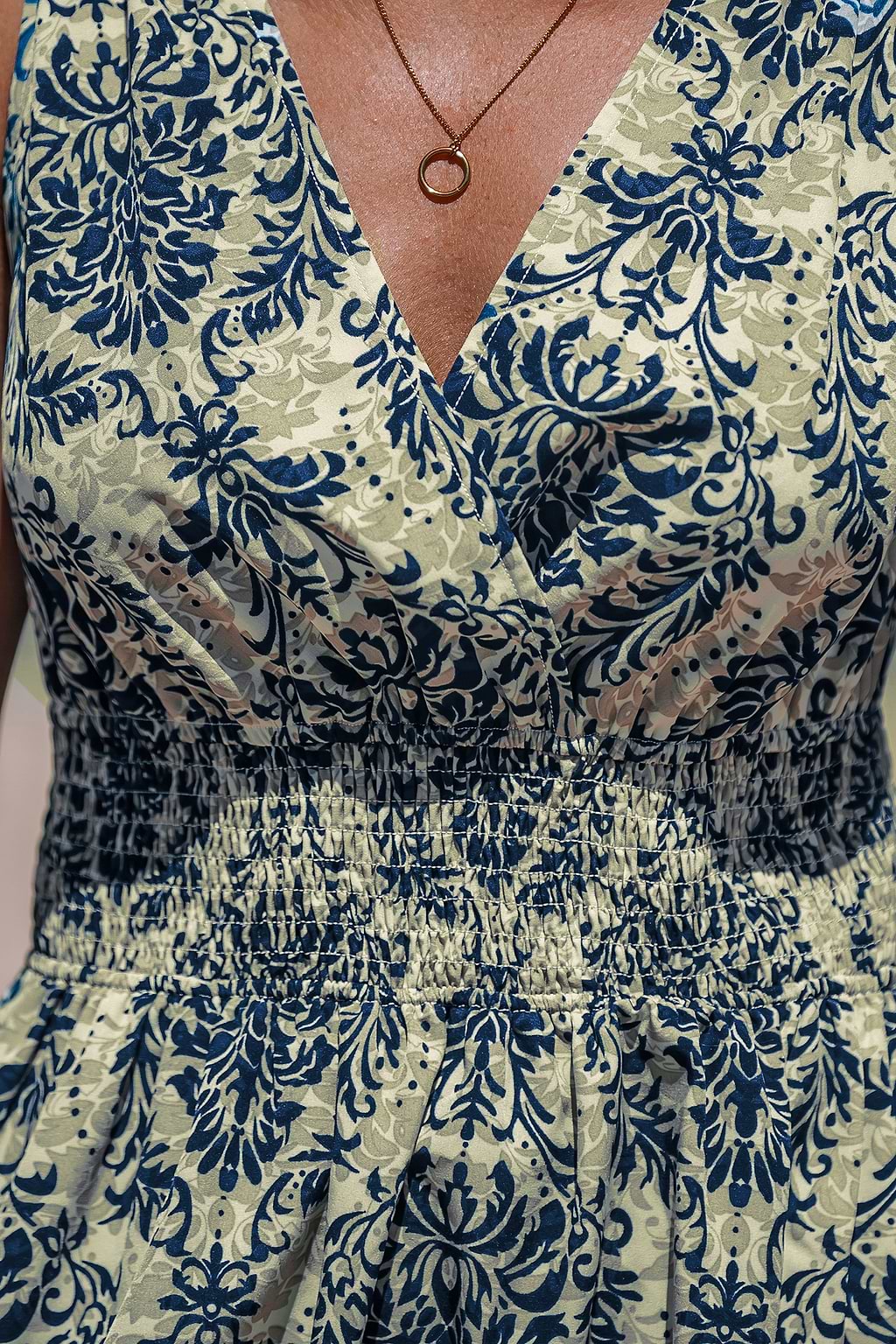 Blue Damask Sleeveless Smocked Waist Mini Dress