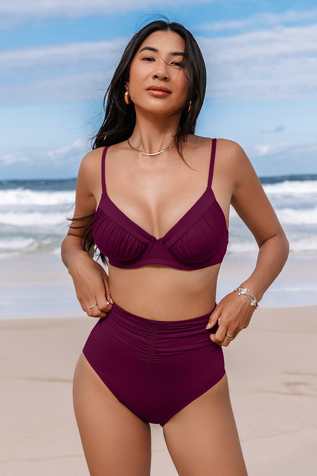 Super Bloom Maroon High-Rise Bikini Bottoms