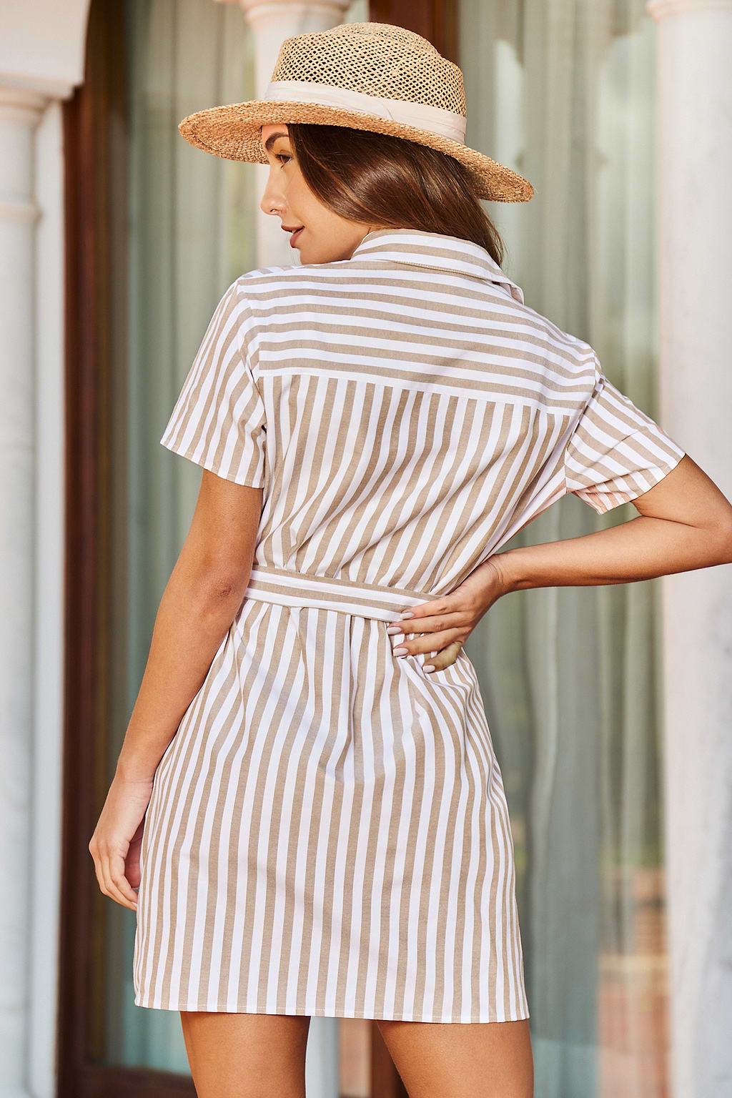 Khaki and White Stripe Collared Front Button Mini Shirt Dress