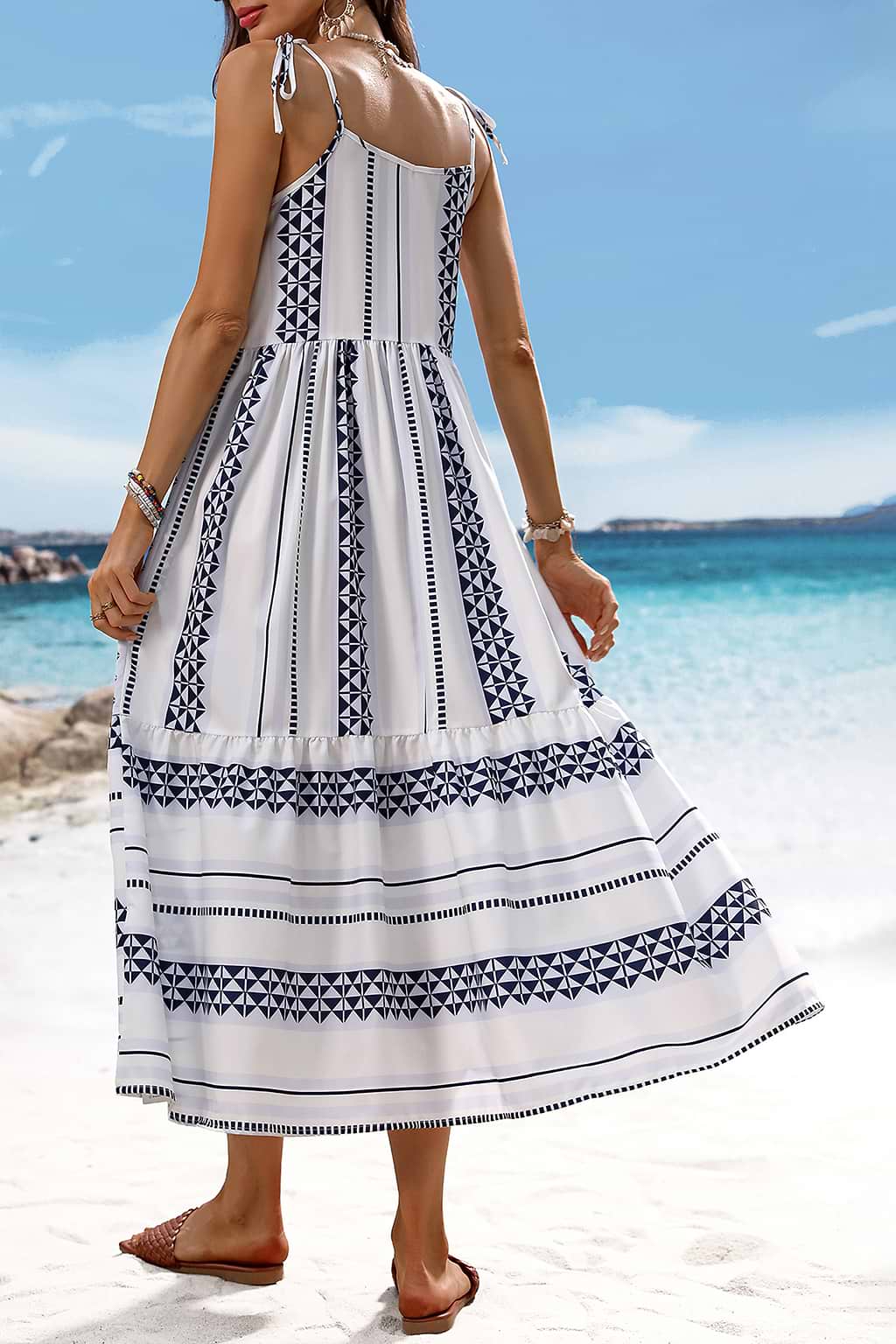 Geo Ärmelloses Midikleid mit V-Ausschnitt und Rüschensaum