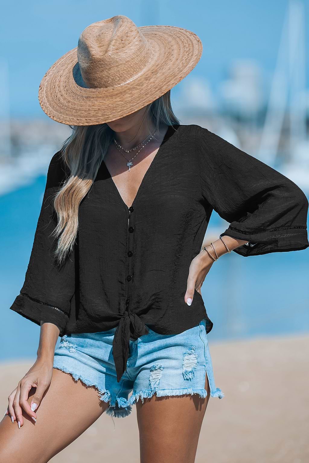 Black Flared Sleeve and Tied-Waist Cover-Up