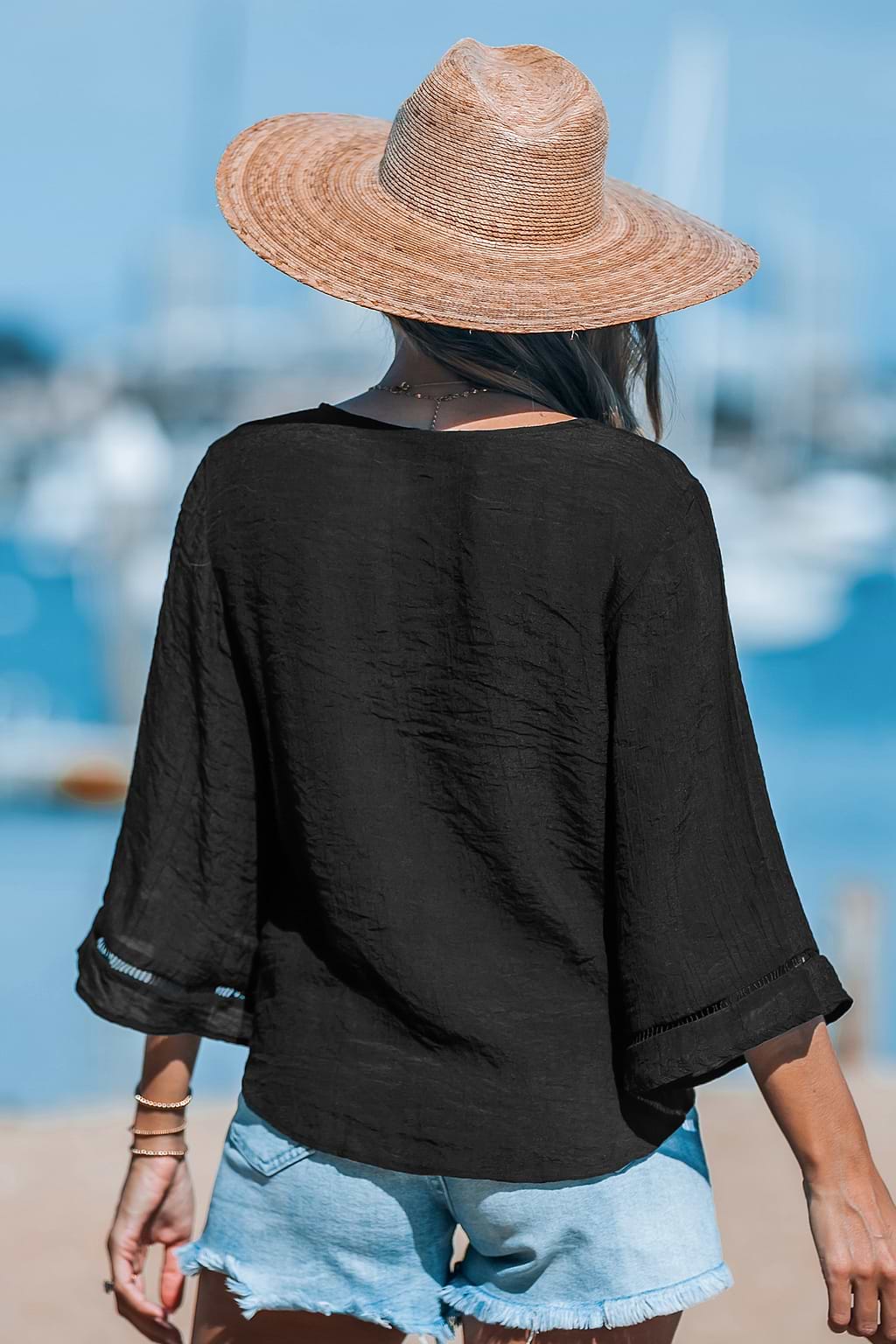 Black Flared Sleeve and Tied-Waist Cover-Up