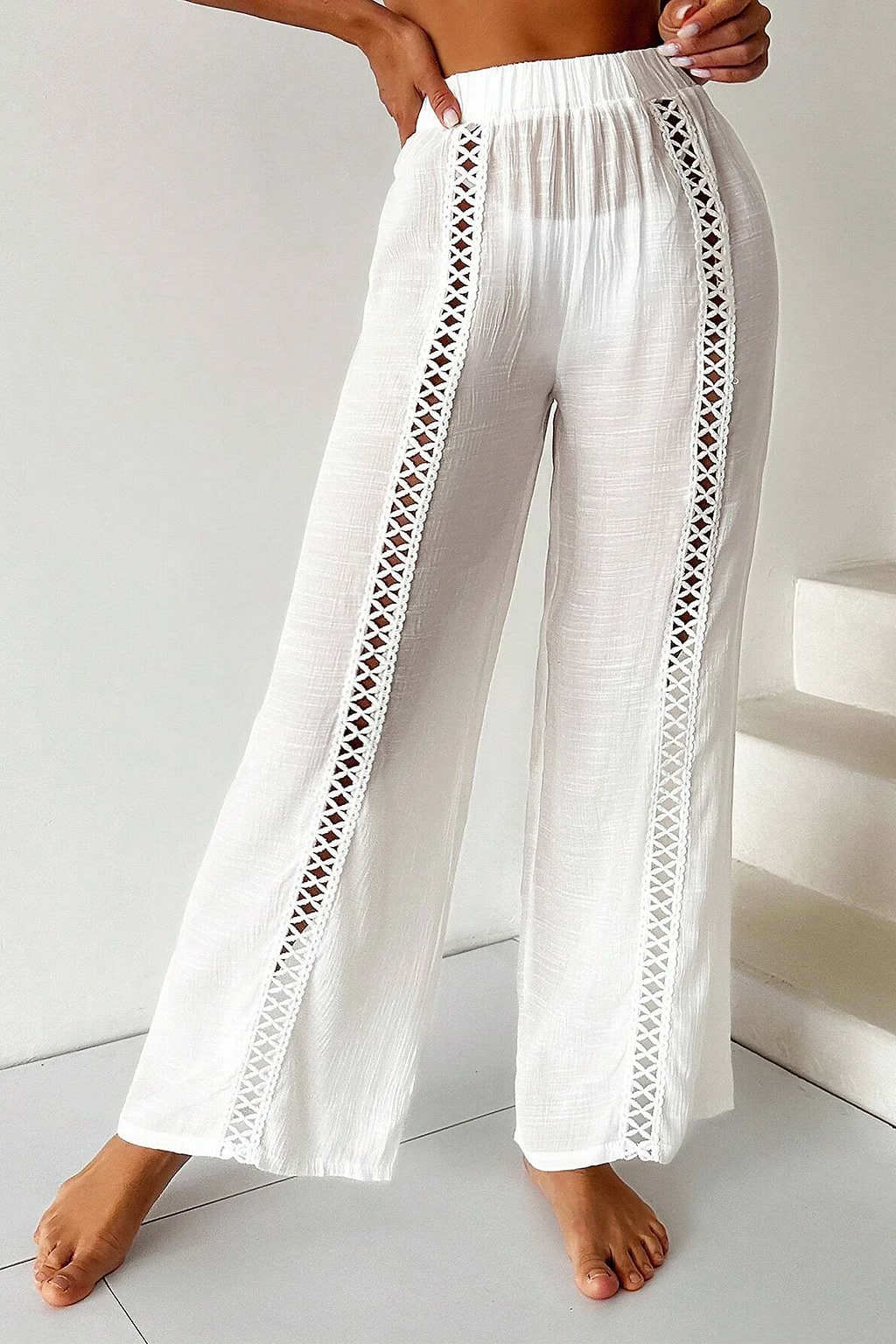 White Crosshatch Cutout Straight Leg Cover-Up Pants