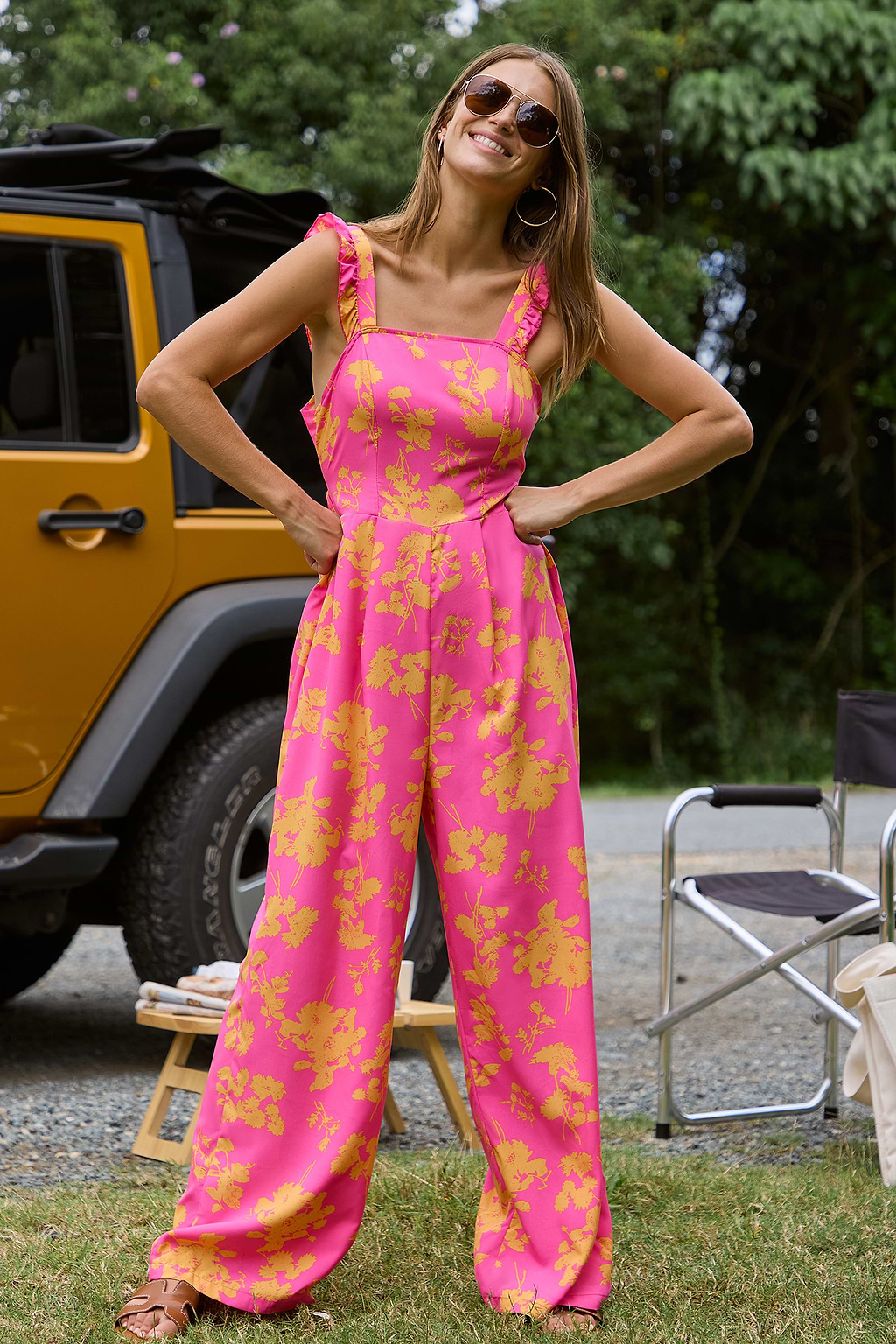 Pink & Yellow Floral Square Neck Wide Leg Jumpsuit