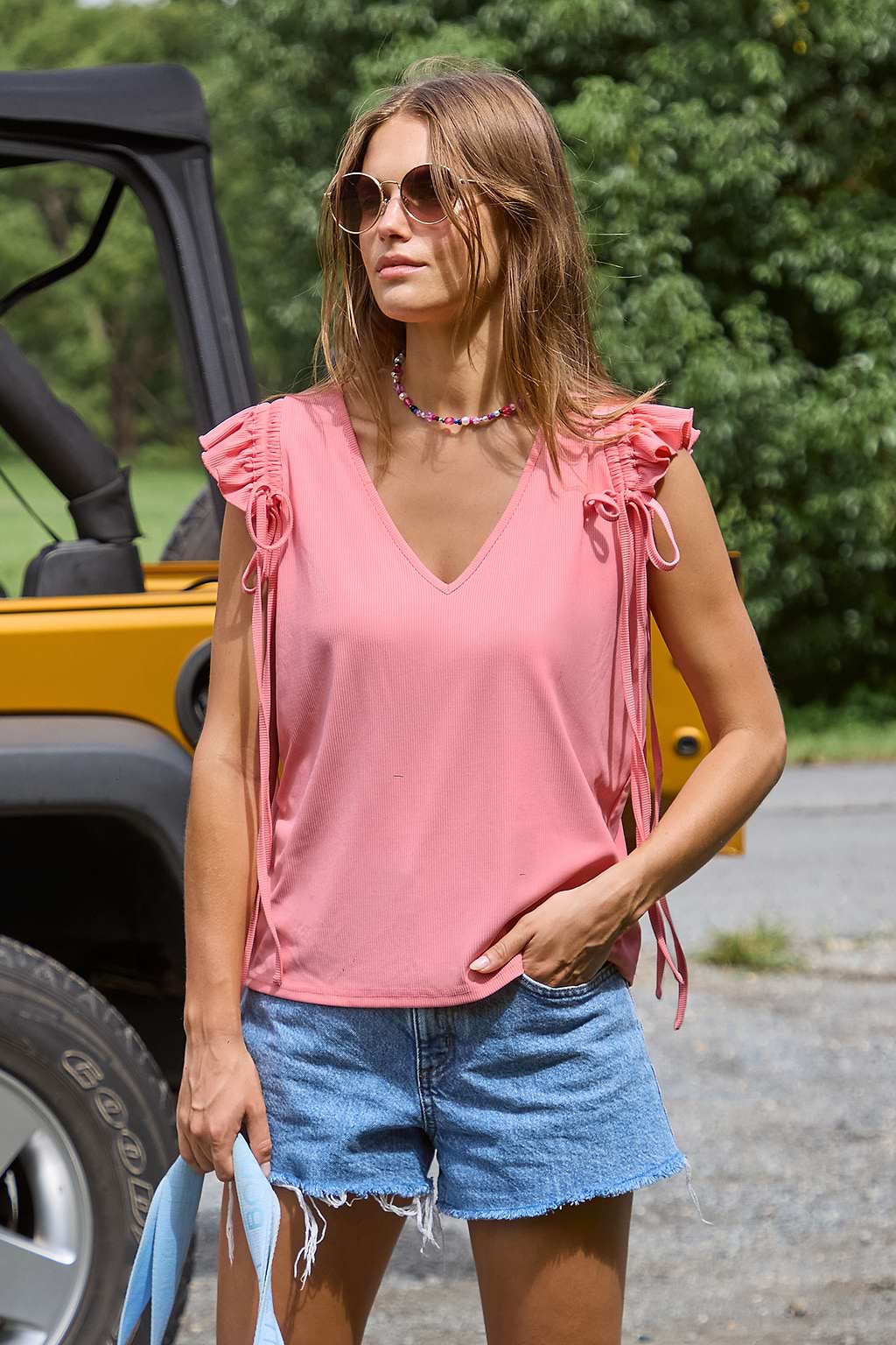 Pink Flutter Sleeve V-Neck Tee