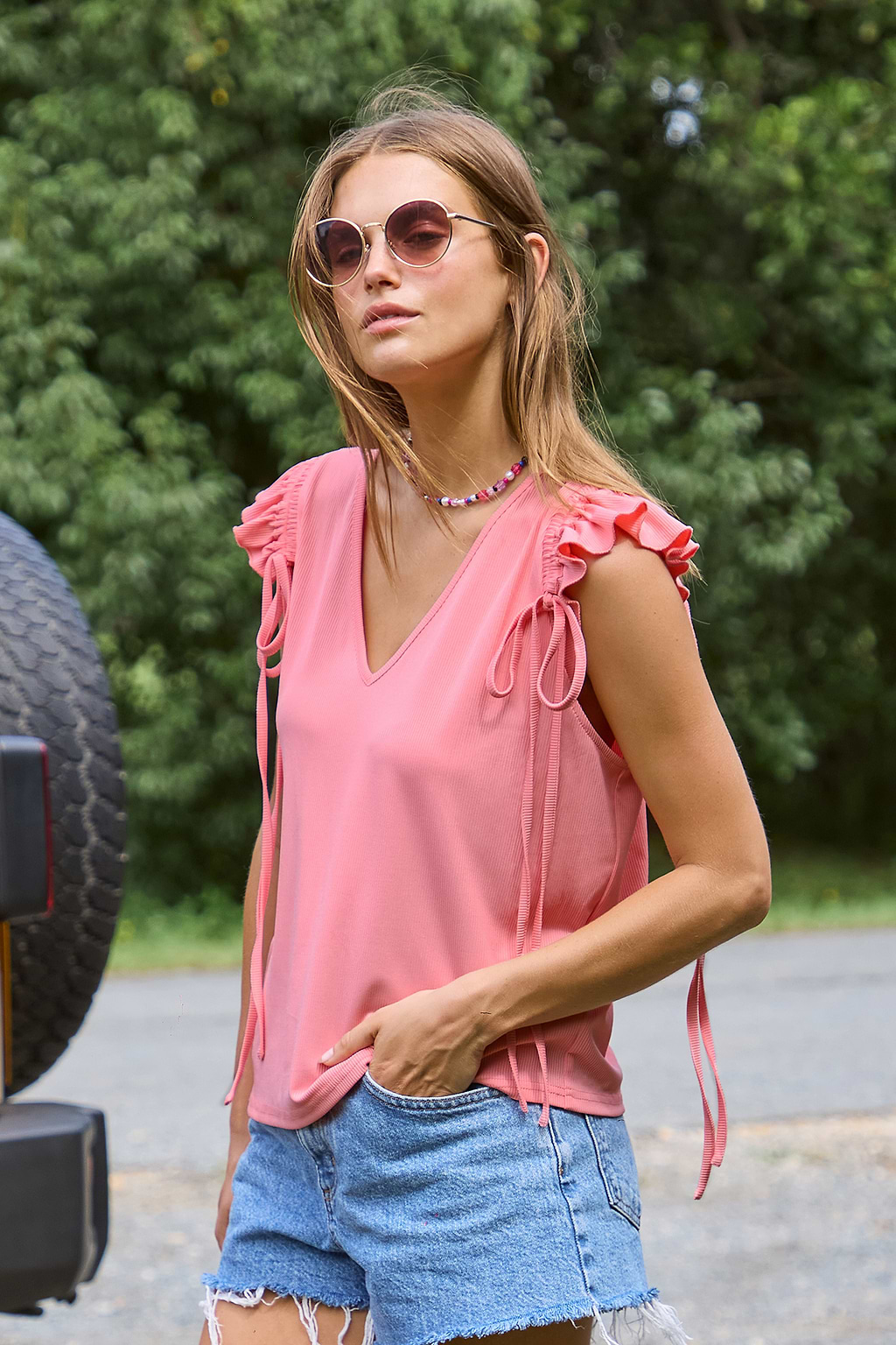 Pink Flutter Sleeve V-Neck Tee