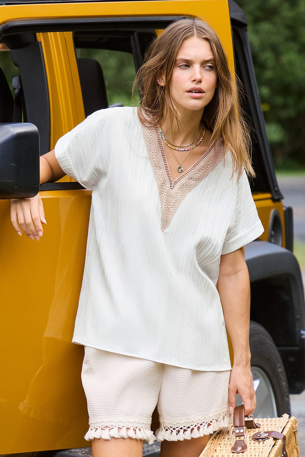 Neutral Lace Short Sleeve Blouse