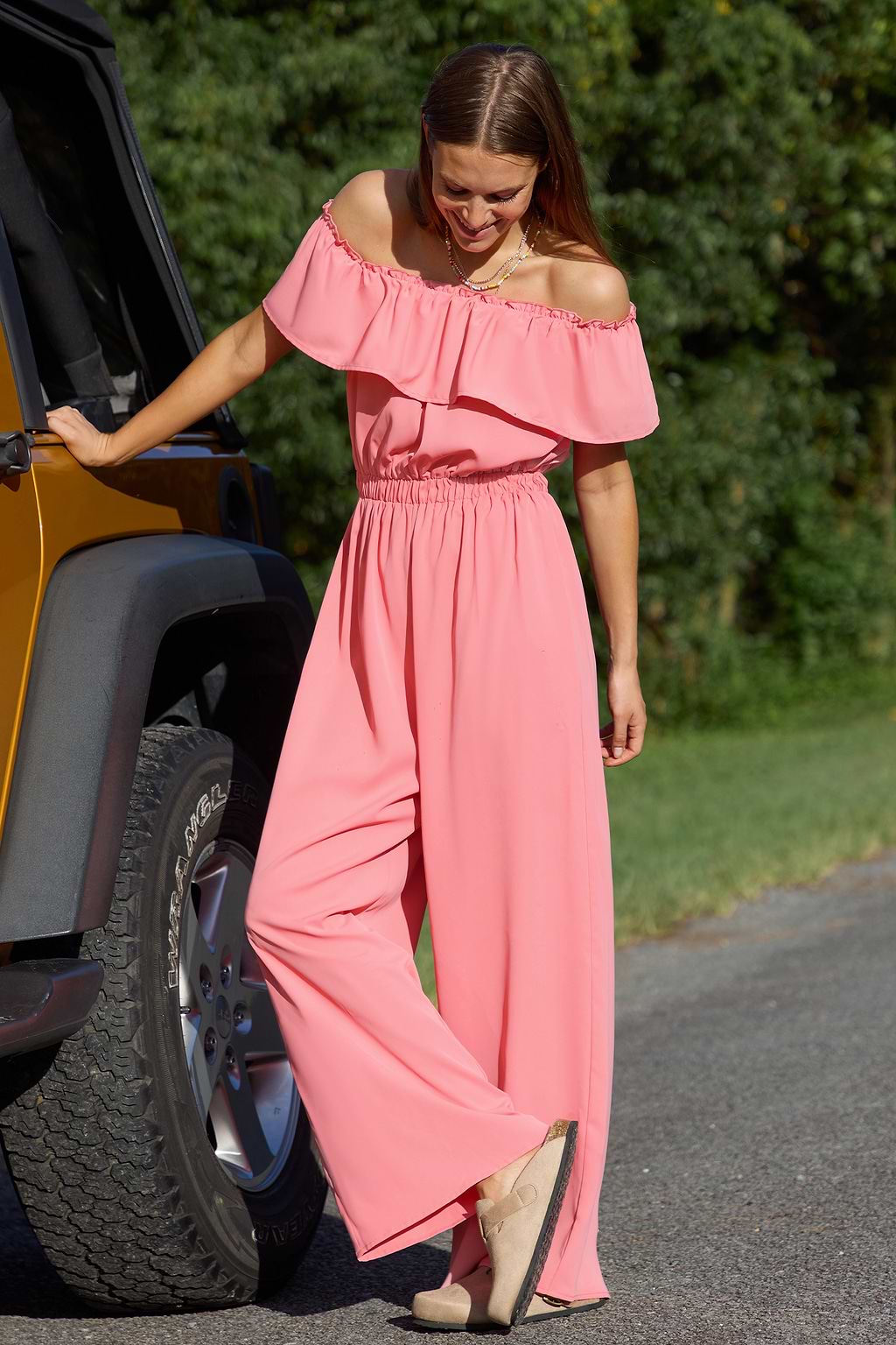 Pink Off Shoulder Wide Leg Jumpsuit
