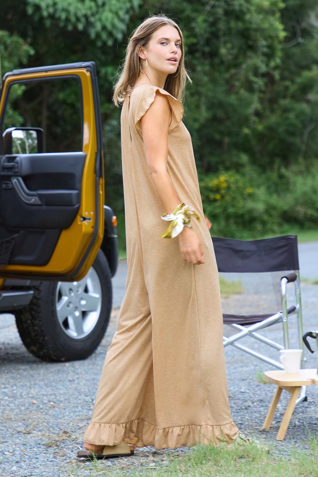 Khaki Wide Leg Ruffle Jumpsuit