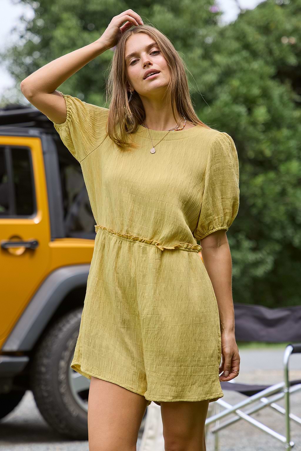 Chartreuse Puff Sleeve Wide Leg Romper