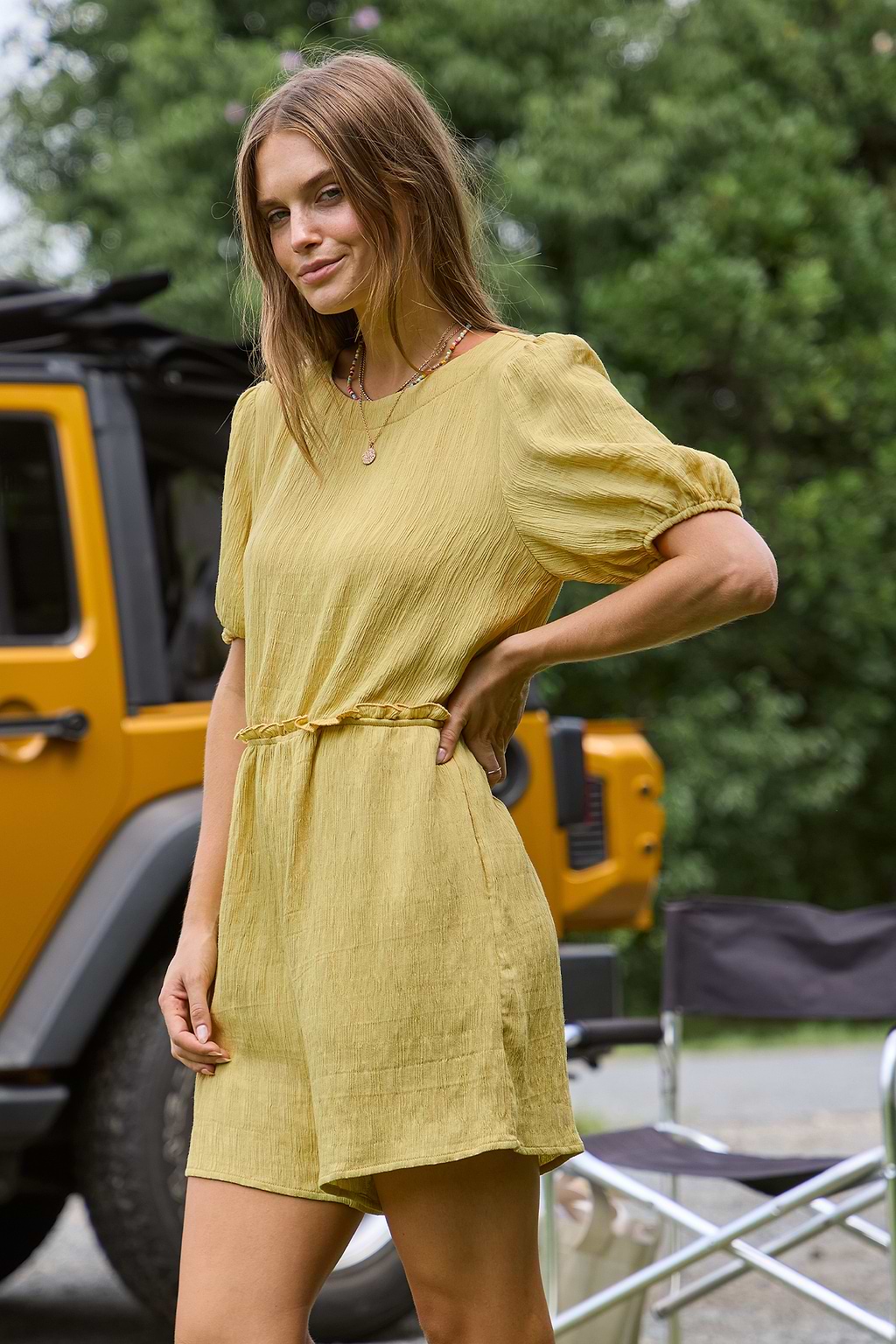 Chartreuse Puff Sleeve Wide Leg Romper