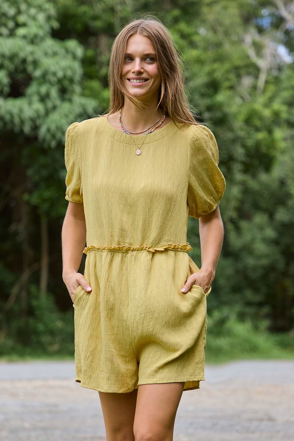 Chartreuse Puff Sleeve Wide Leg Romper