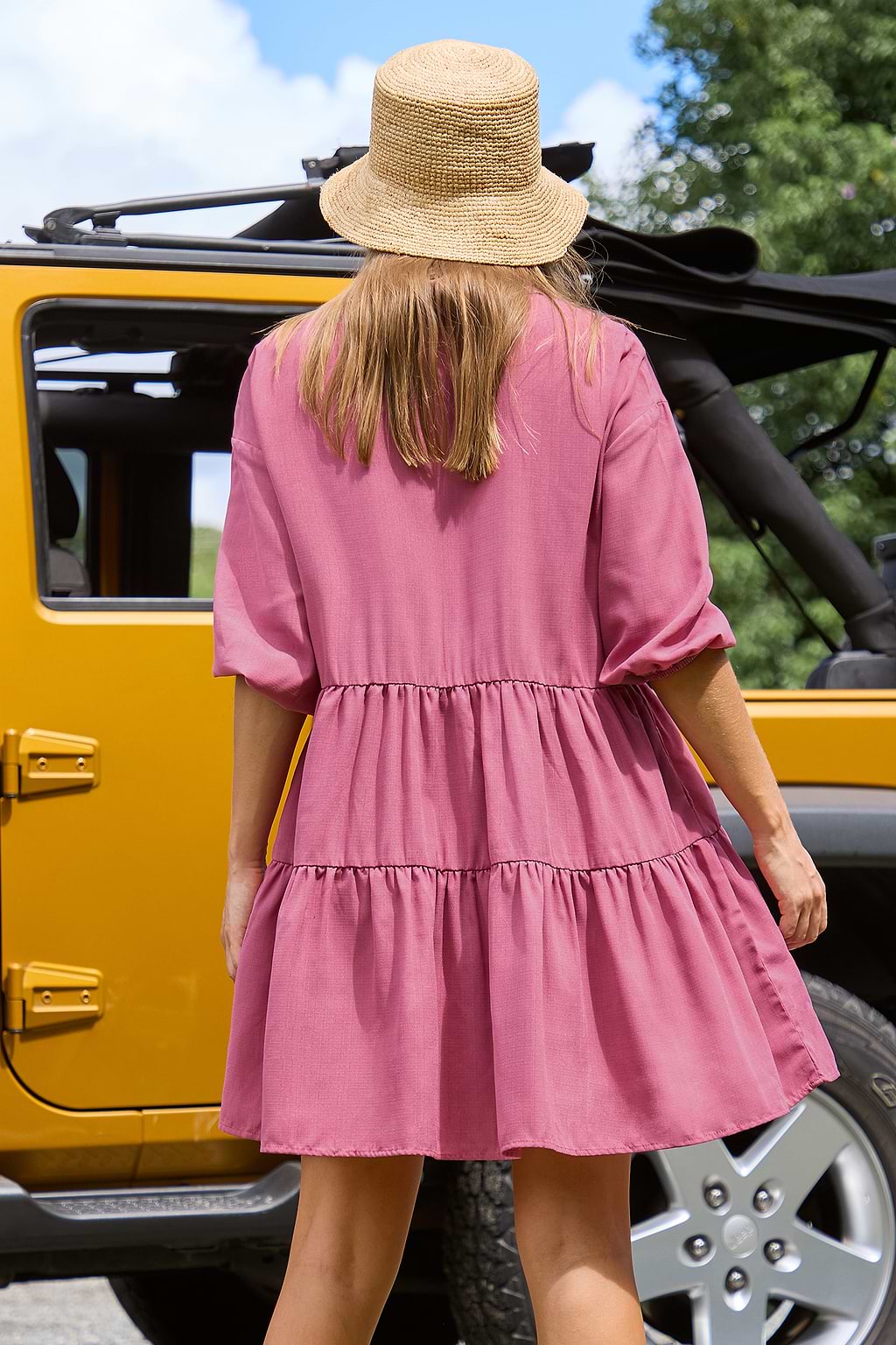 Mauve Collared Neck Puff Sleeve Mini Dress