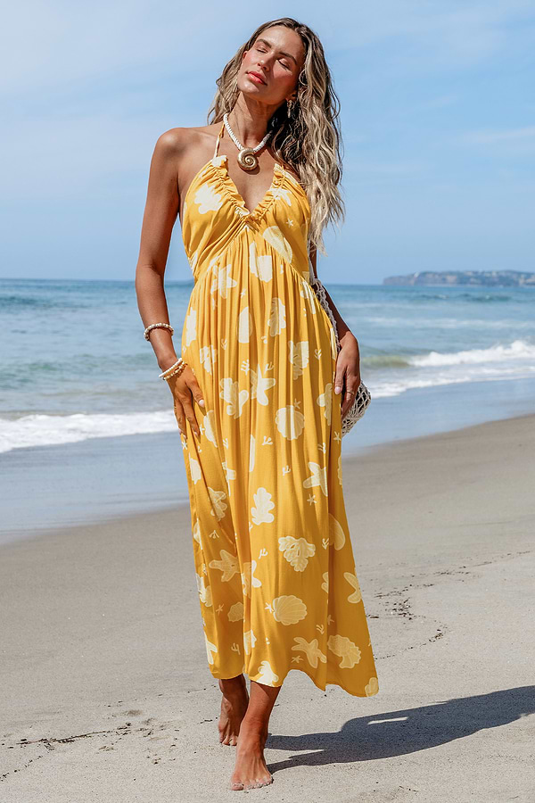 yellow beach dress Yellow Santorini Silk Maxi Holiday Dress – Lindsey Brown main image 1