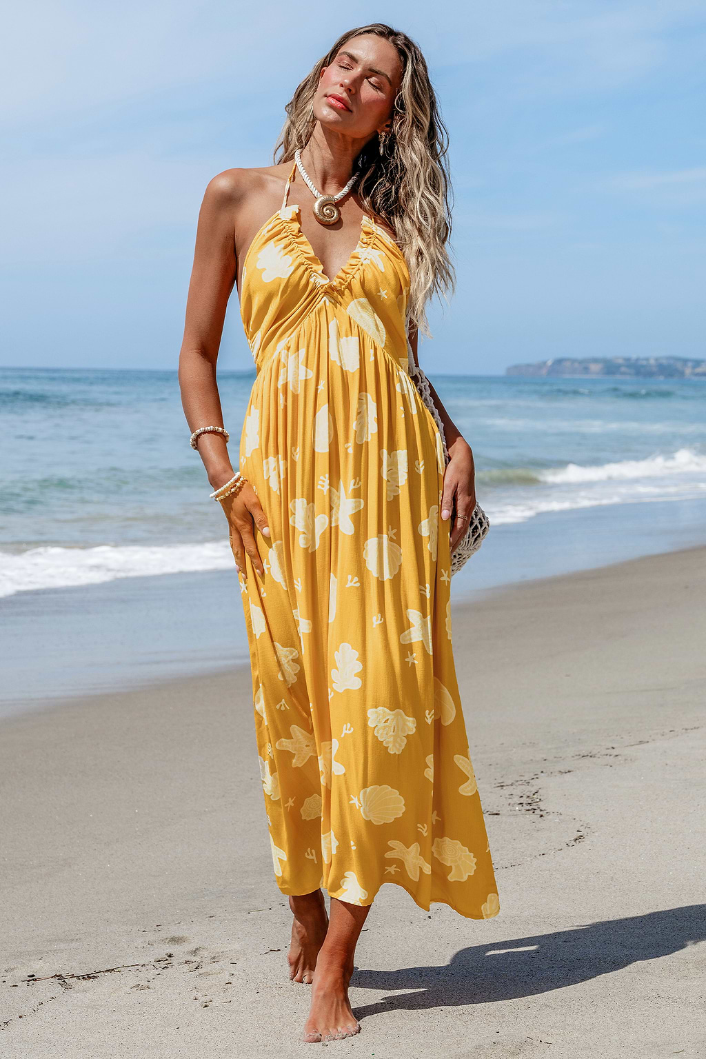 Yellow Seashell Plunging Halterneck Maxi Dress