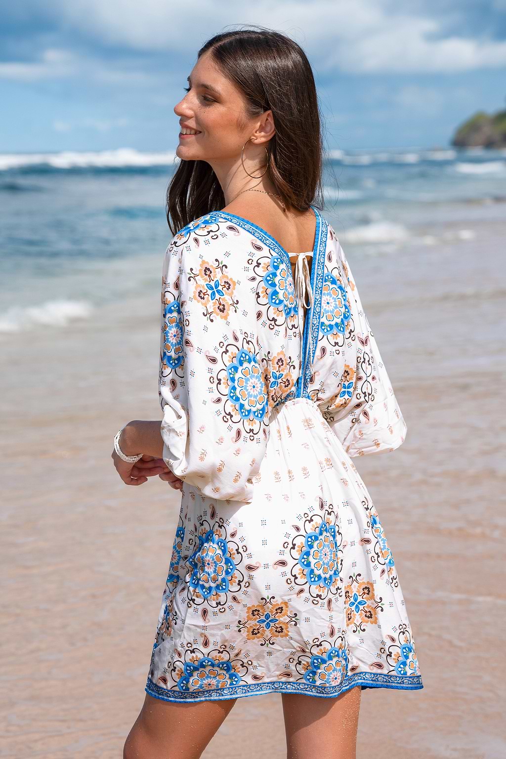 Boho Plunging Blouson Sleeve Mini Dress