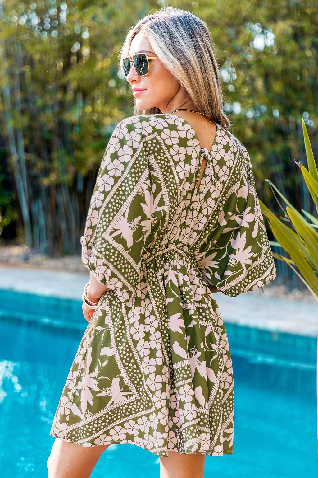 Floral Plunging Blouson Sleeve Cover-Up Dress
