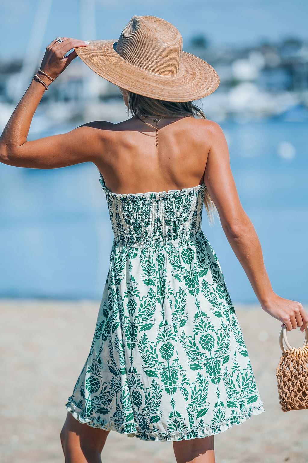 Robe mini tube avec corsage à smocks verte boho