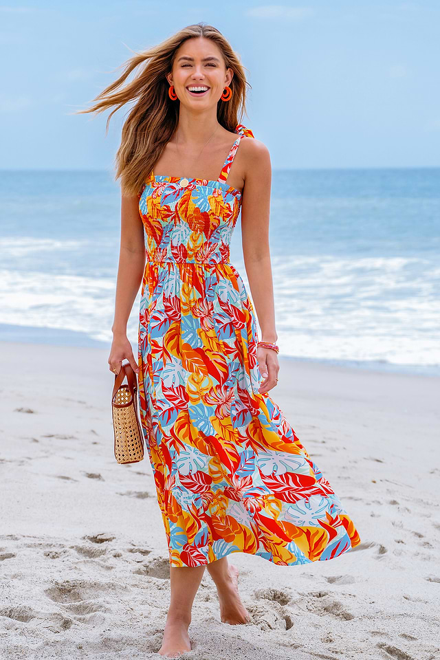 tie strap maxi dress Women's Leaf Print Made for summer travel and long beach days Tropical Leaf Print Tie Strap