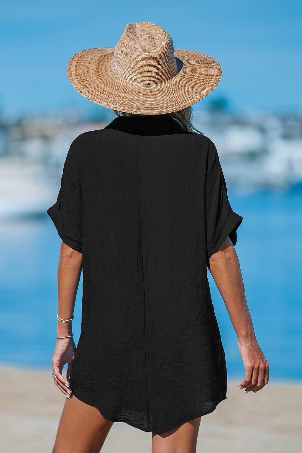 Black Collared V-Neck Mini Cover-Up