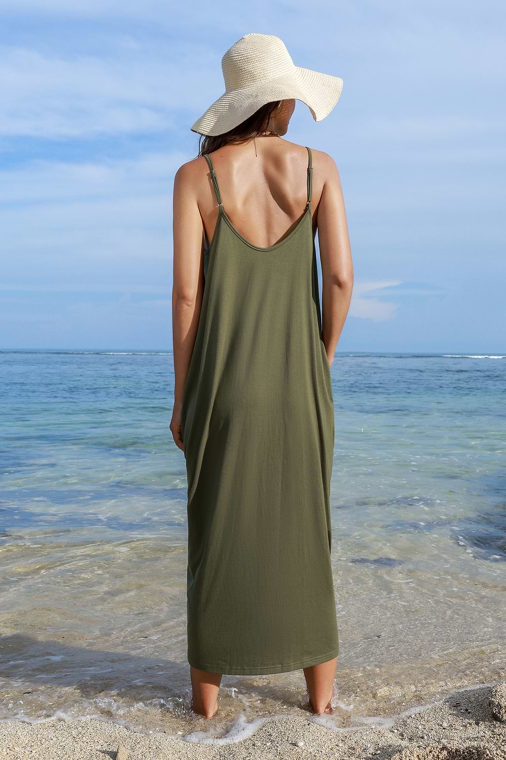 Olive Sleeveless V-Neck Loose Fit Maxi Dress