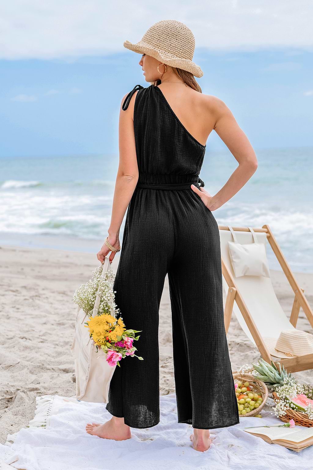 Black One-Shoulder Wide Leg Jumpsuit