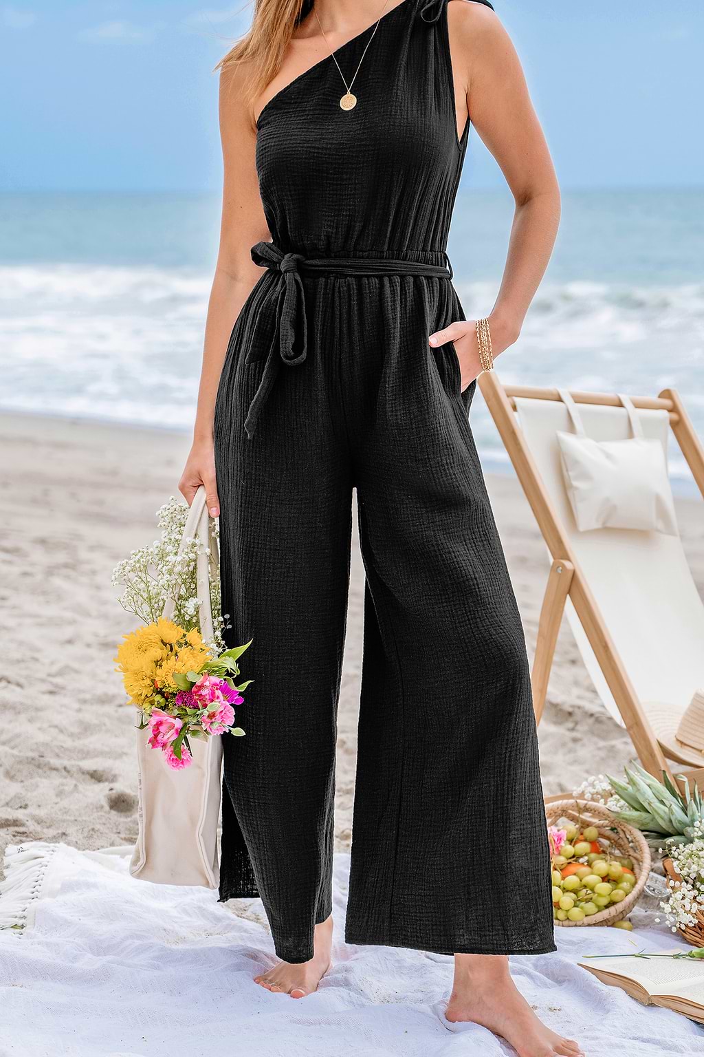 Black One-Shoulder Wide Leg Jumpsuit