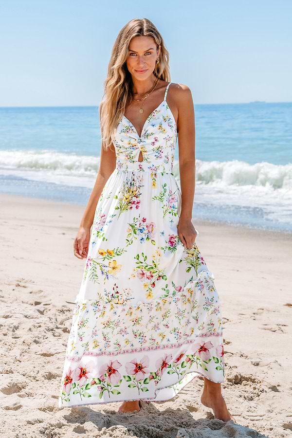 knee length dresses for ladies Tropical Floral Cut-Out Maxi Dress for Women main image 1