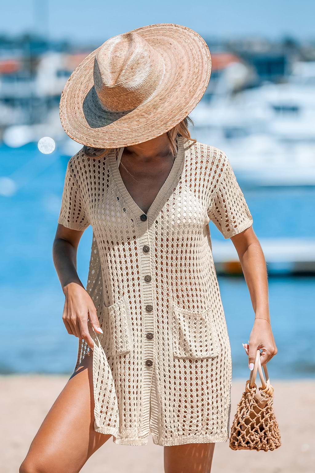 Apricot Open Knit Front Button Cover-Up