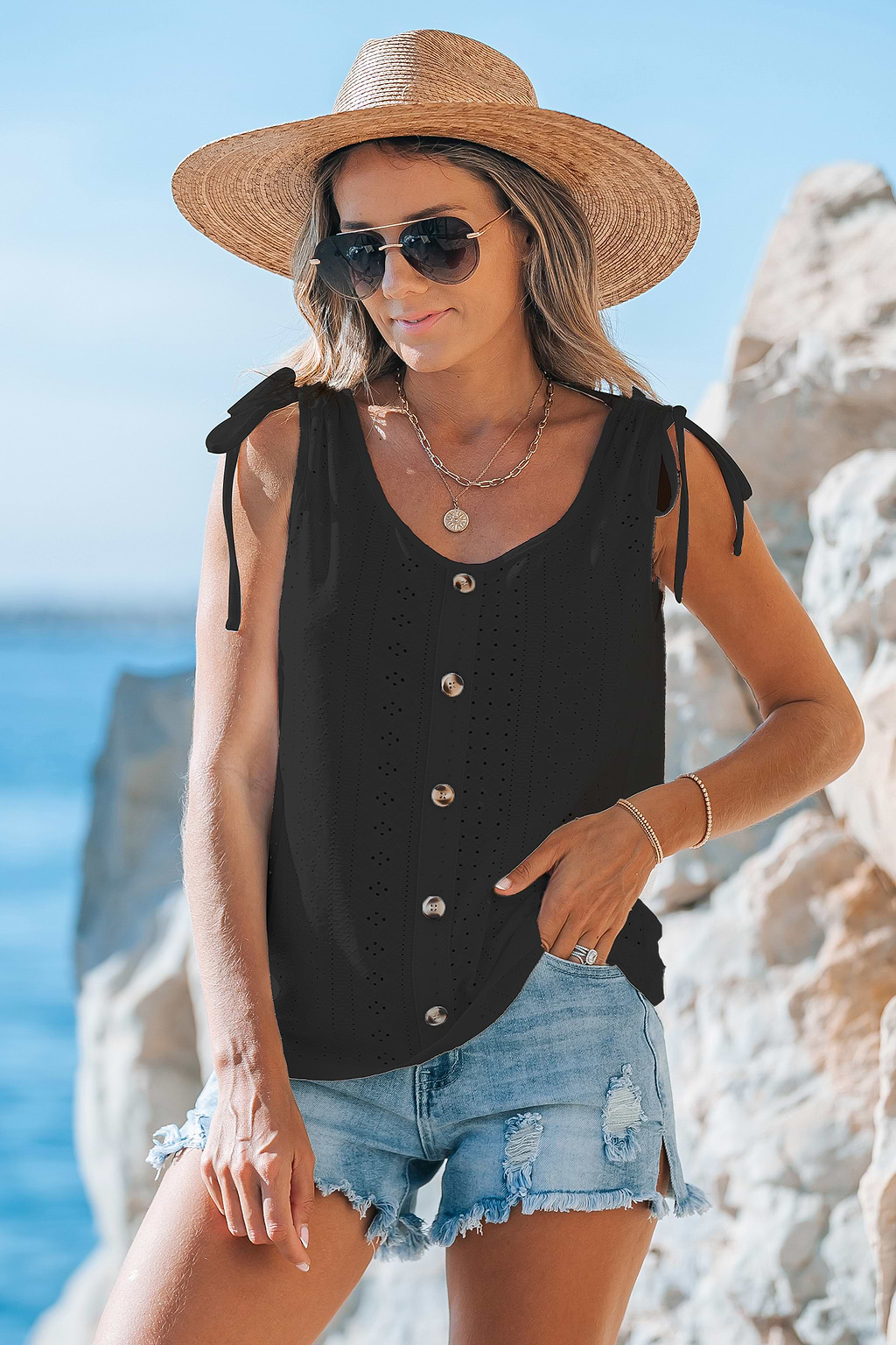 Camiseta sin mangas de jersey con botones delanteros y cuello redondo negra