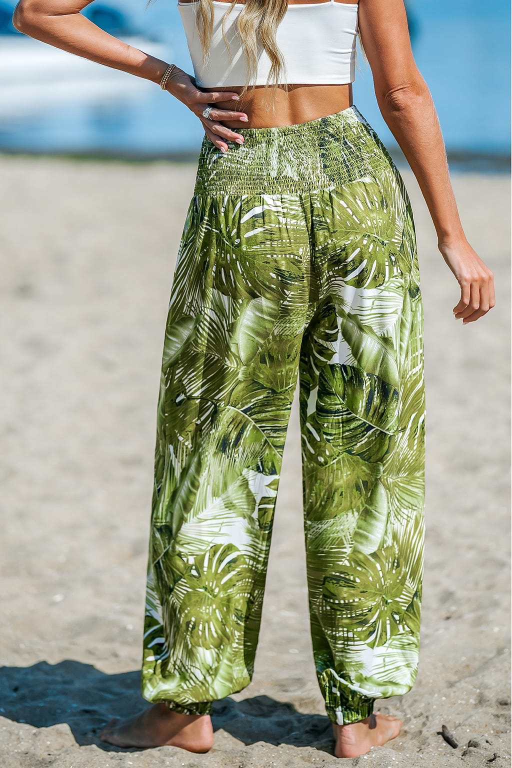 Palm Leaf Smocked Waist Tapered Leg Pants