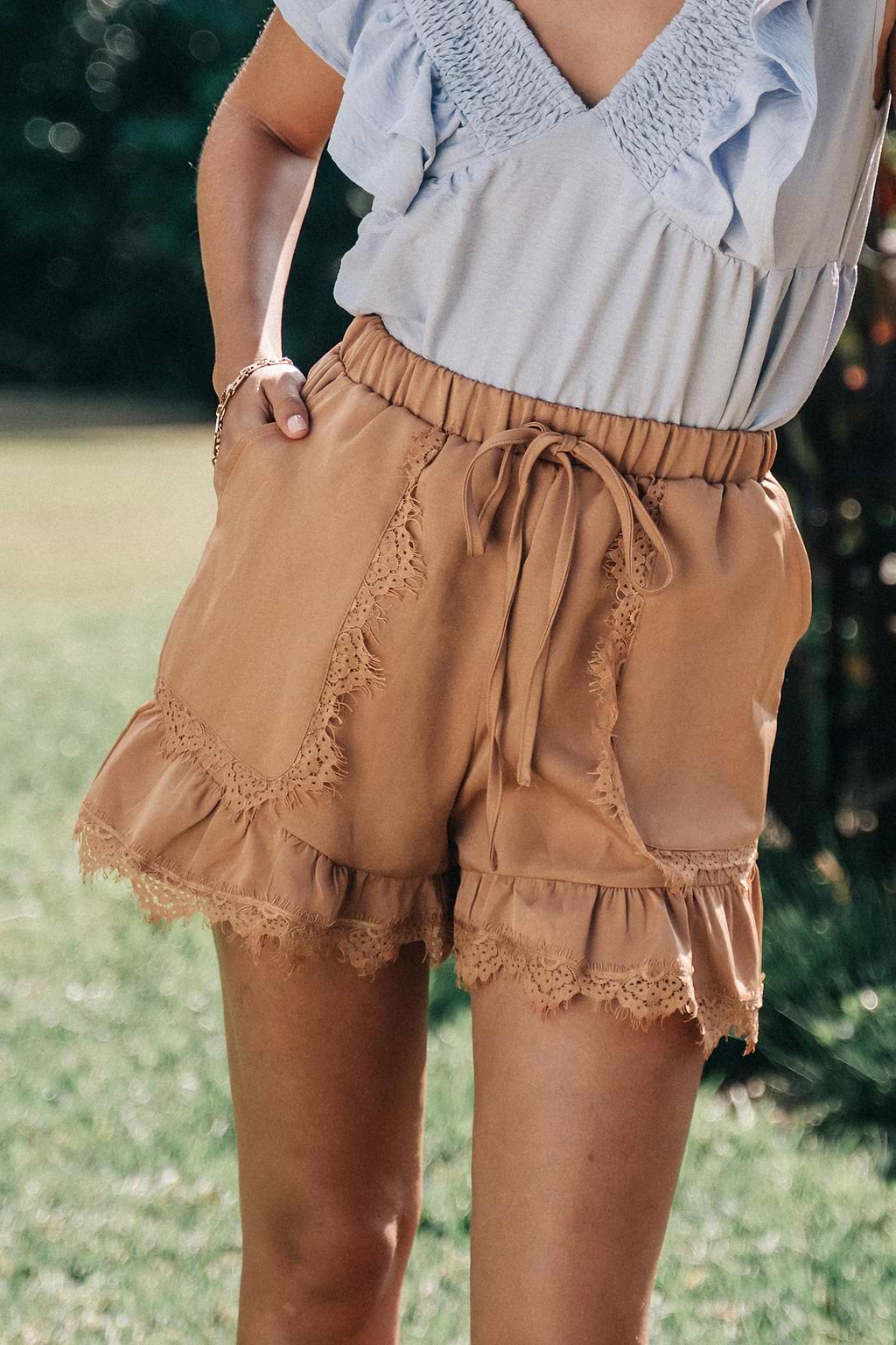 Burnt Orange Flared Leg Lace Shorts