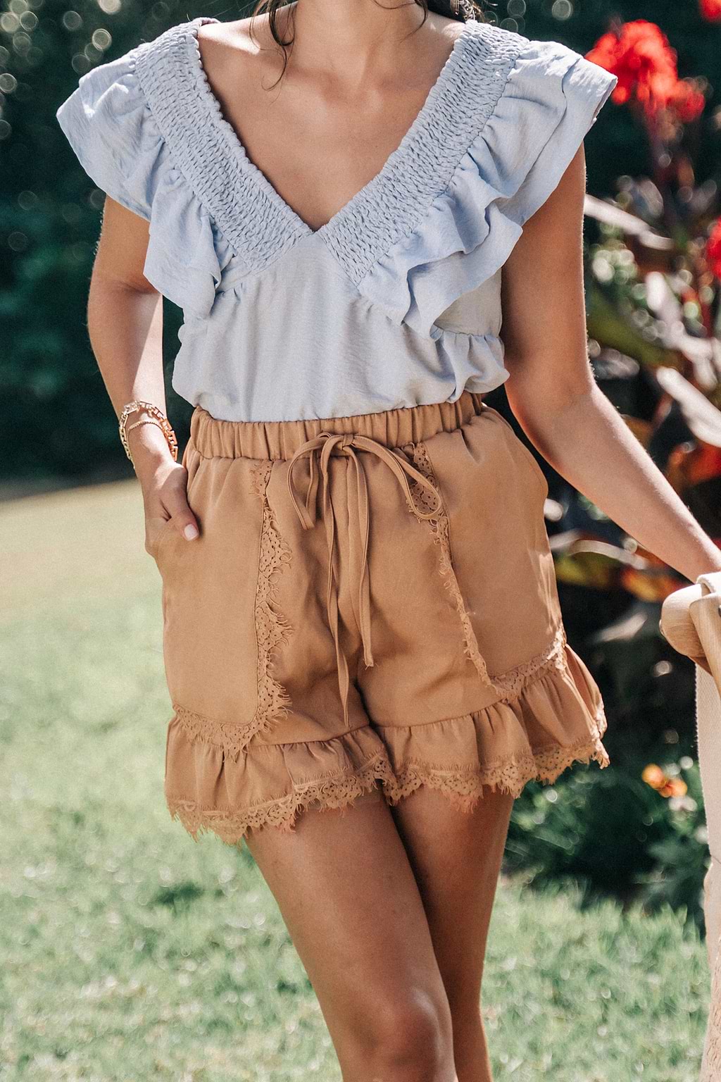 Burnt Orange Flared Leg Lace Shorts