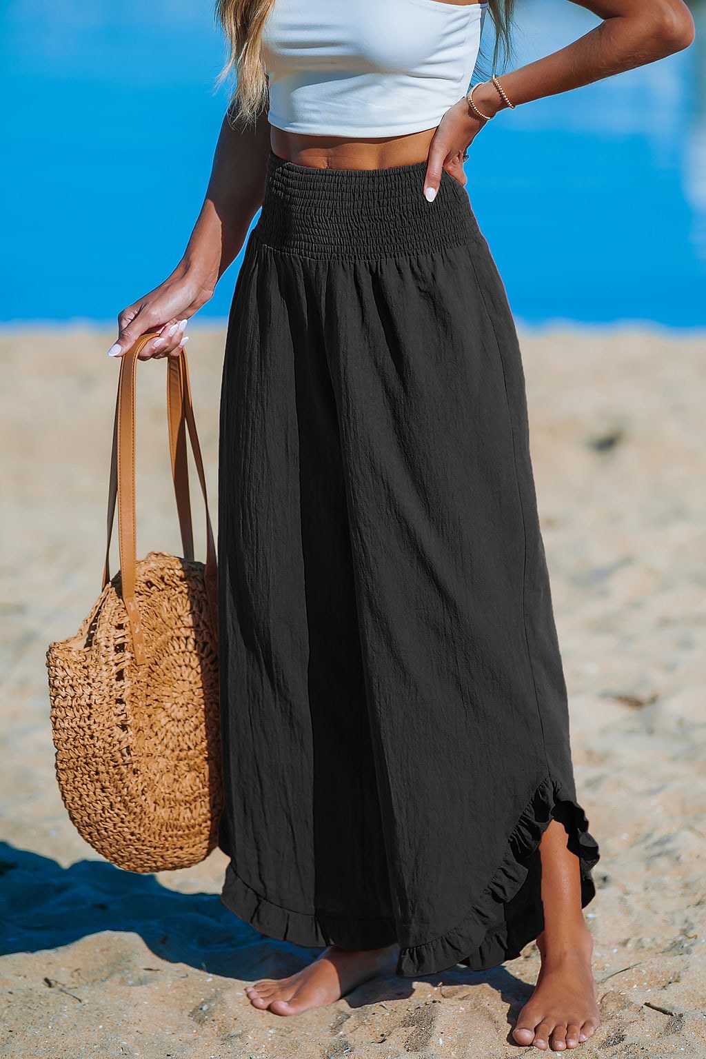 Black Smocked Waist Straight Leg Ruffle Pants