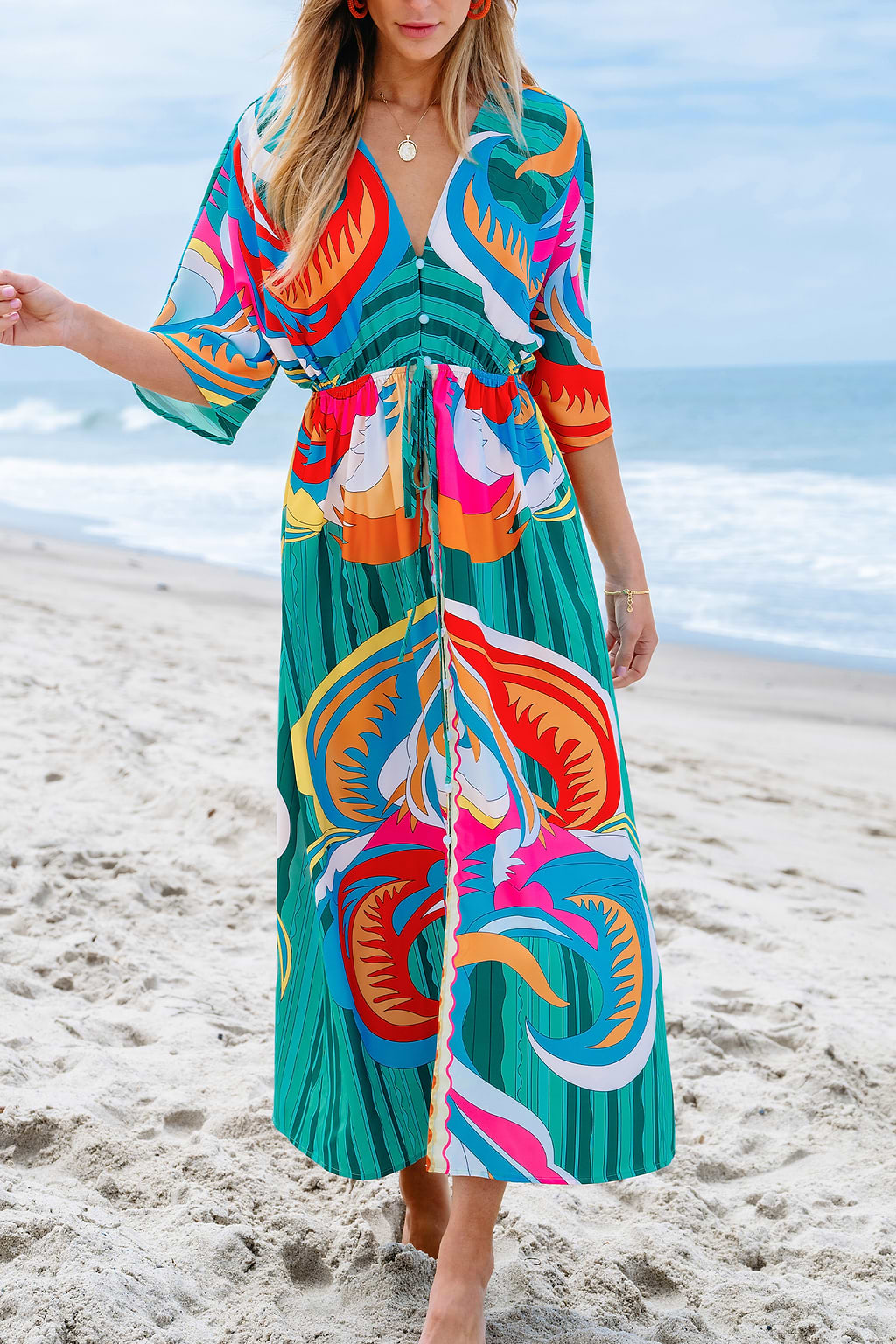 Tropical Abstract Print Tie Waist Maxi Dress