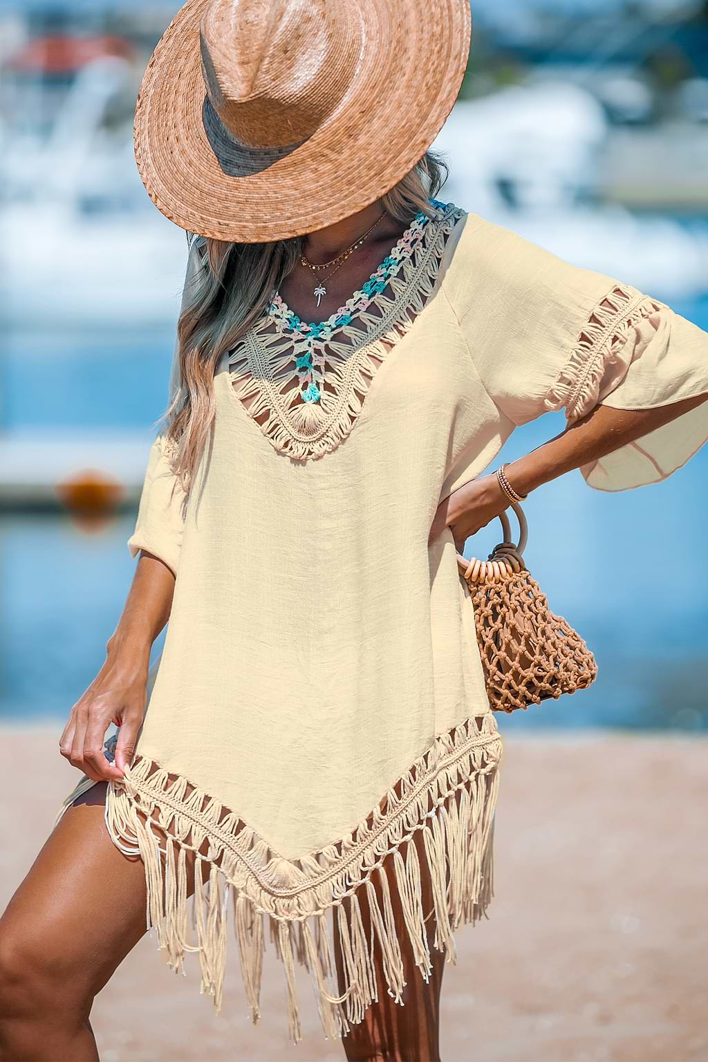 Crochet V-Neck Tassel Cover-Up Dress