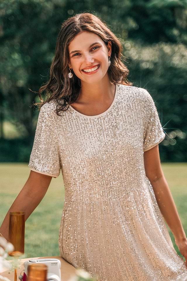 knee length dresses for ladies RUFFLED LONG-SLEEVE MINI DRESS IN CHAMPAGNE – AIIZIE main image 0