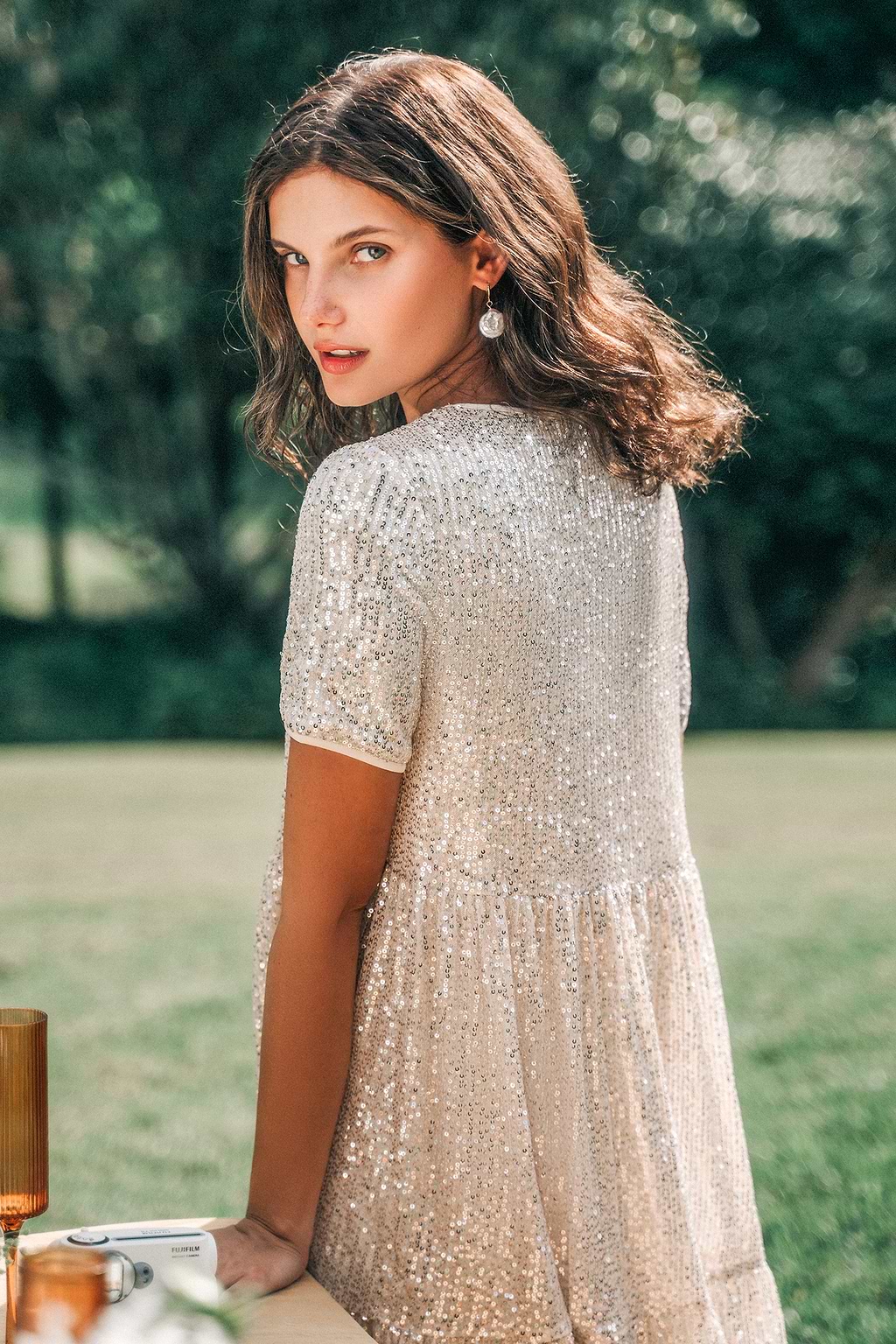 Champagne Bubbles Short Sleeve Flounce Hem Mini Dress