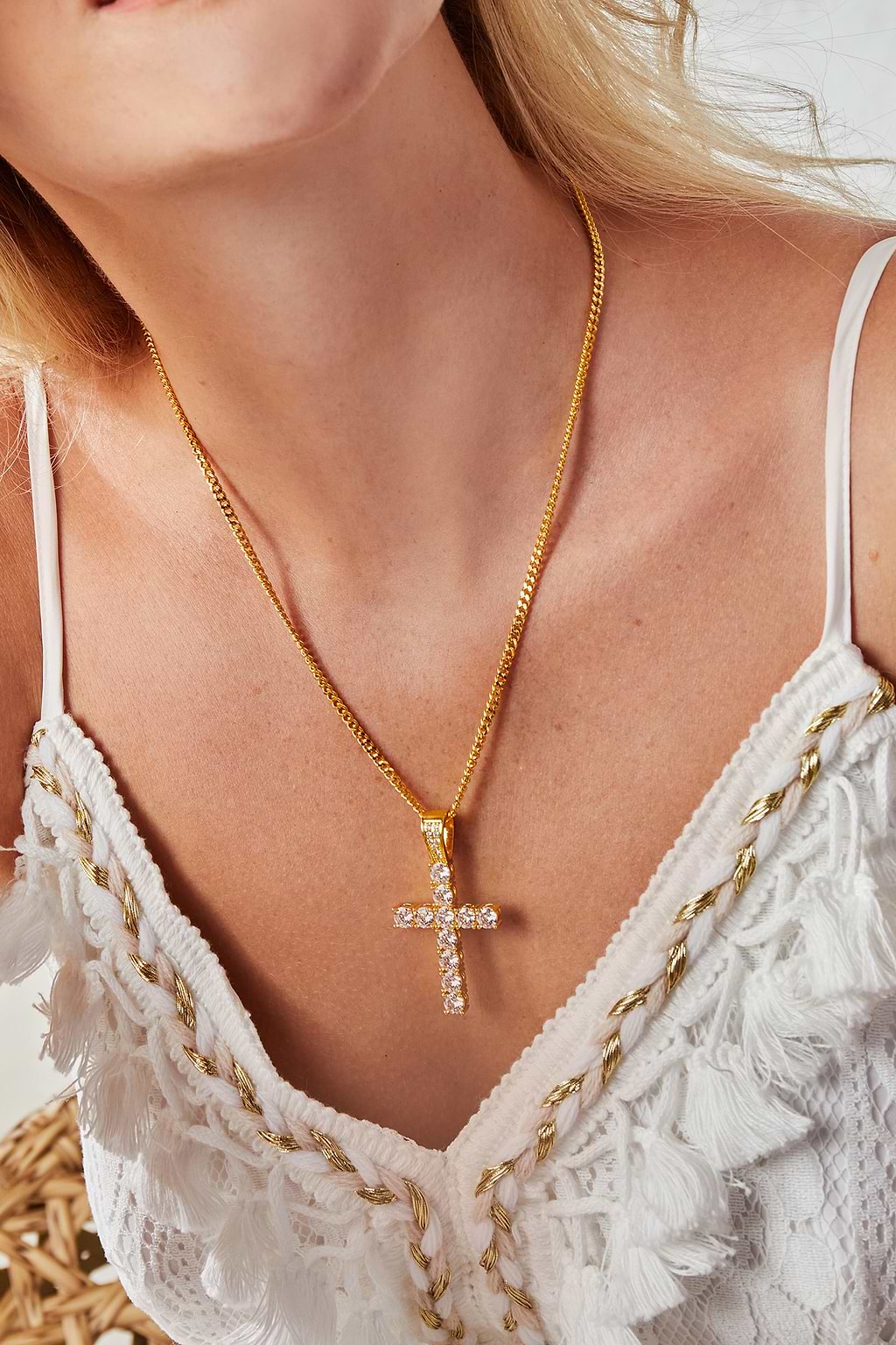 Gold-Tone & Rhinestone Cross Pendant Necklace