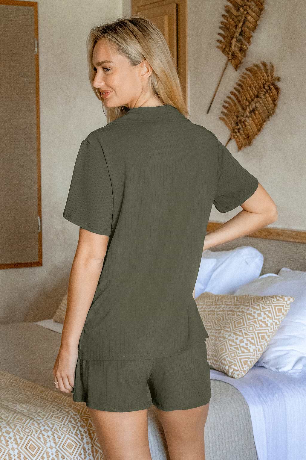 Olive Ribbed Knit Pajama Set