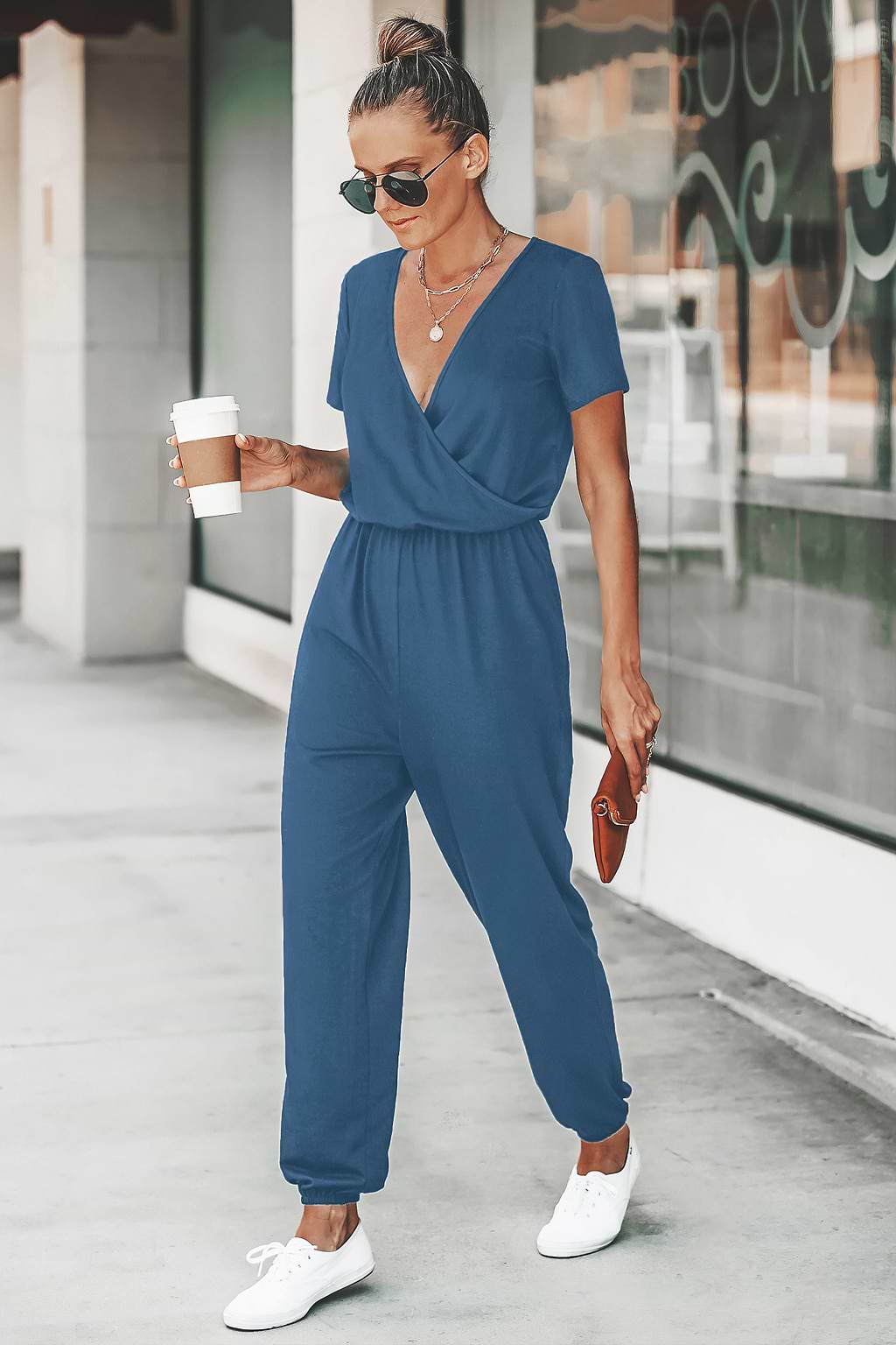 Short Sleeve Surplice Tapered Leg Jumpsuit