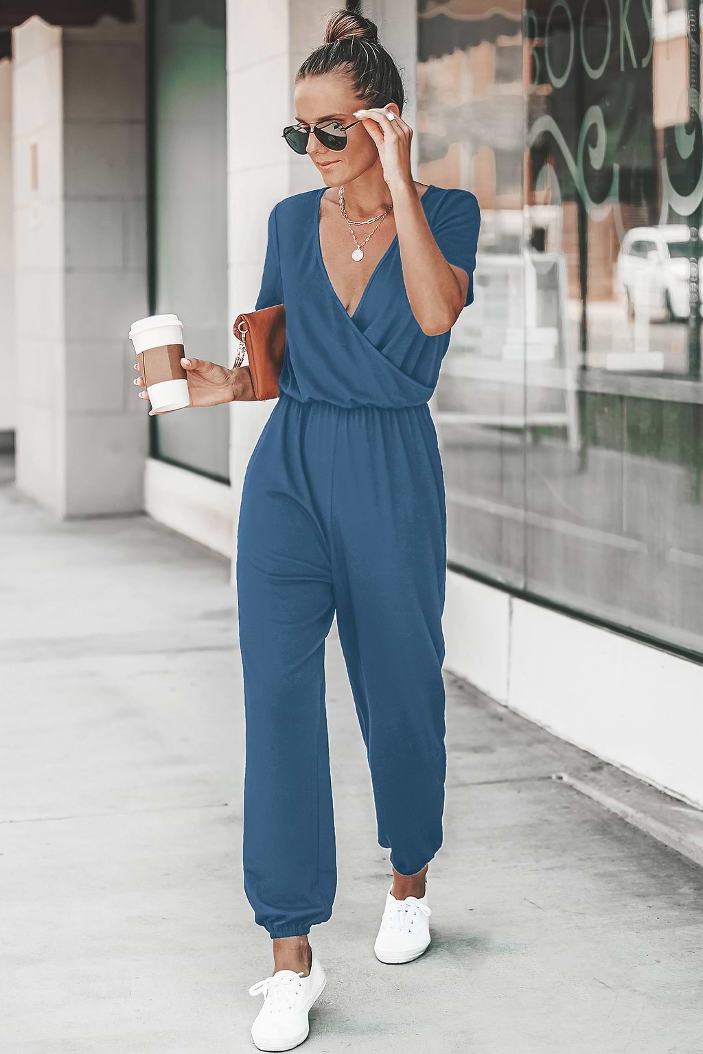 Short Sleeve Surplice Tapered Leg Jumpsuit