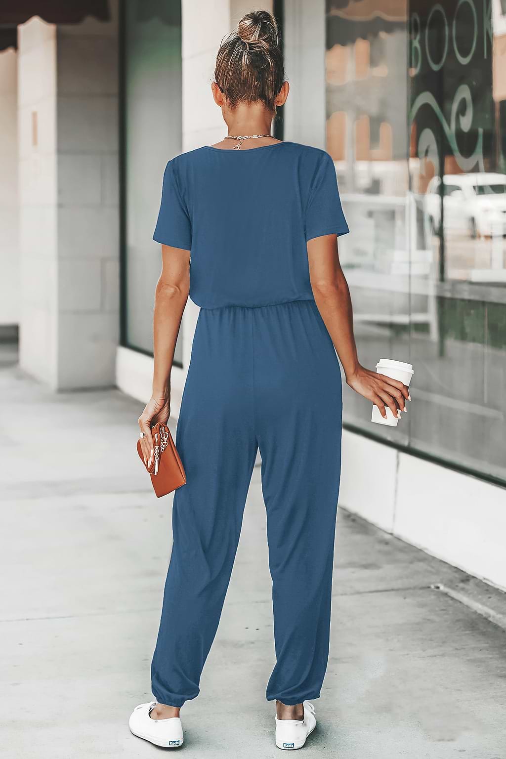 Short Sleeve Surplice Tapered Leg Jumpsuit