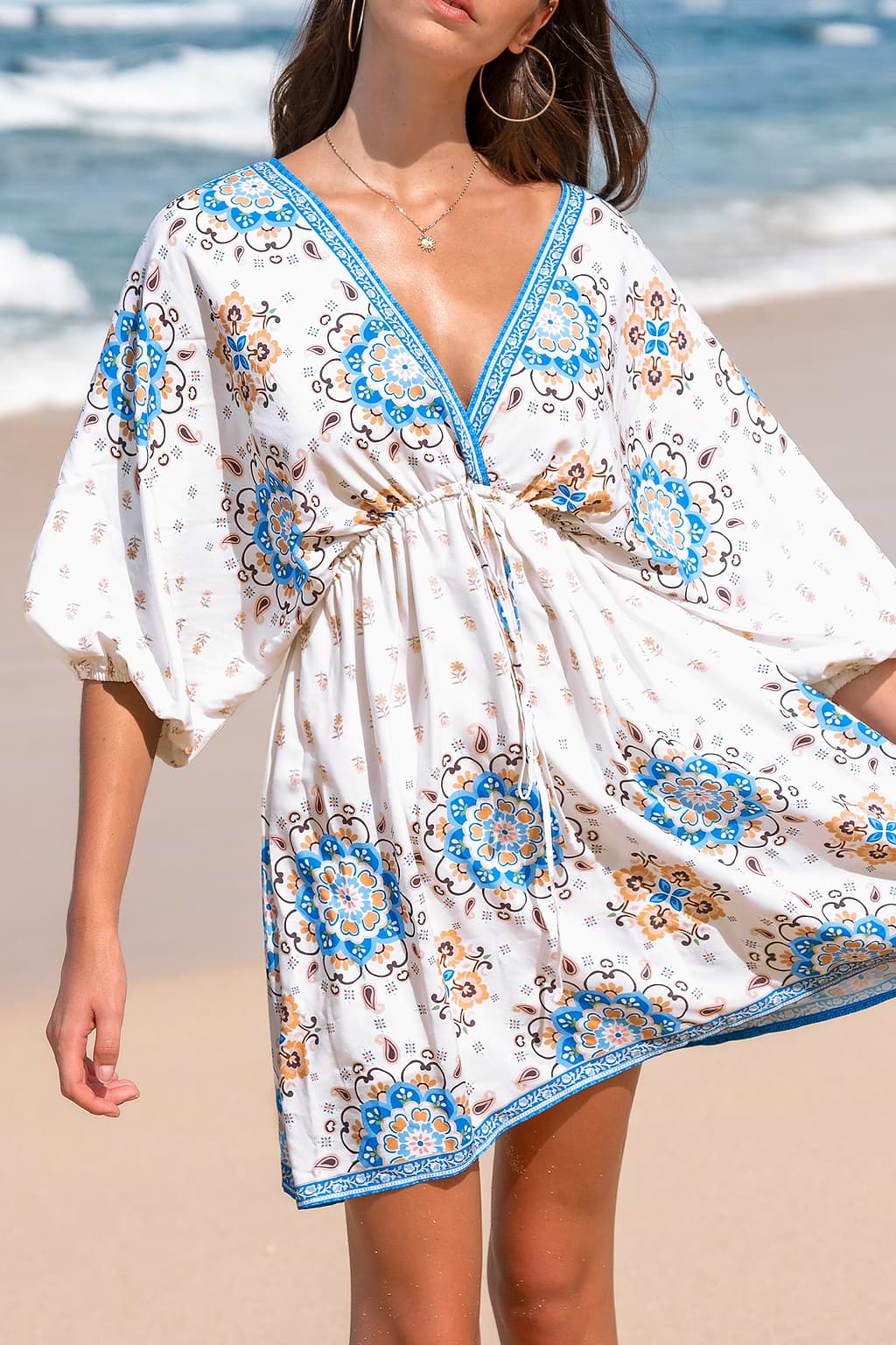 Boho Plunging Blouson Sleeve Mini Dress